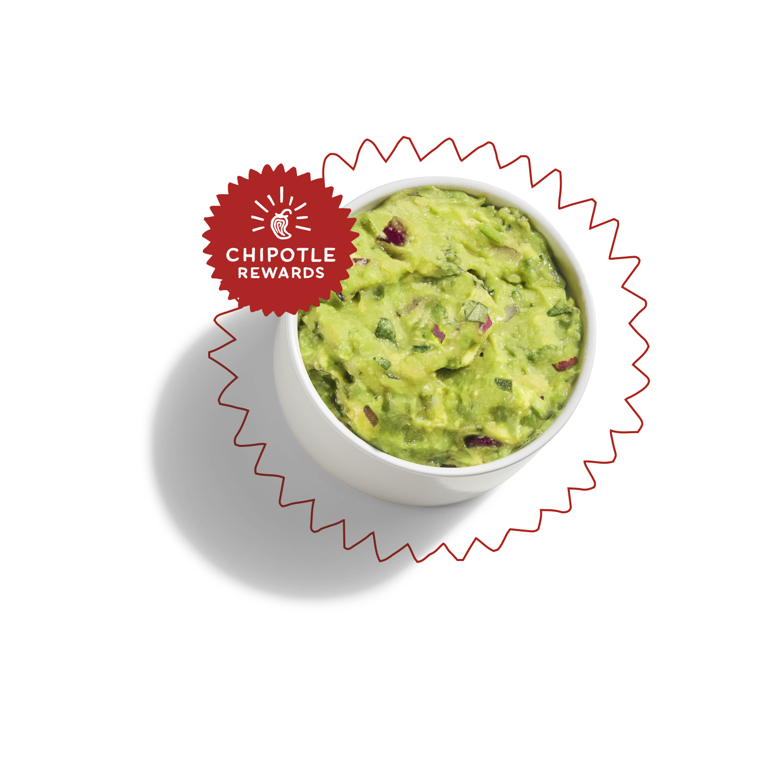 Chipotle guac in a white ceramic cup with a circle around it stamped with a Chipotle Rewards logo.